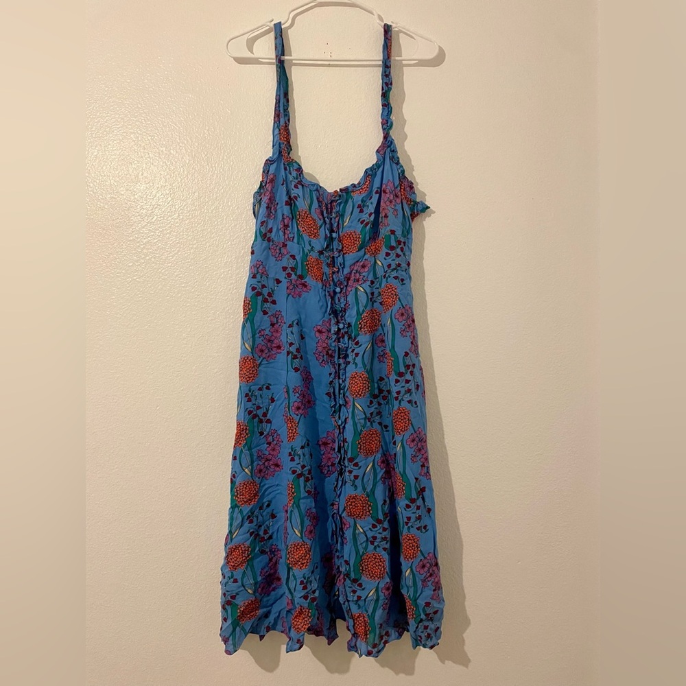 Blended Blue Floral Print Button-Up Midi Dress